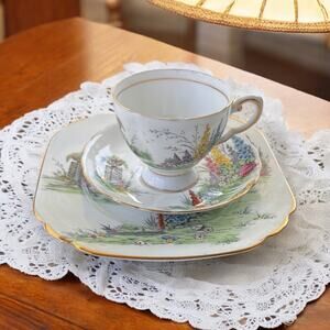 Vintage Plant Tuscan Bone China “Hollyhock” Teacup Saucer Dessert Plate Set